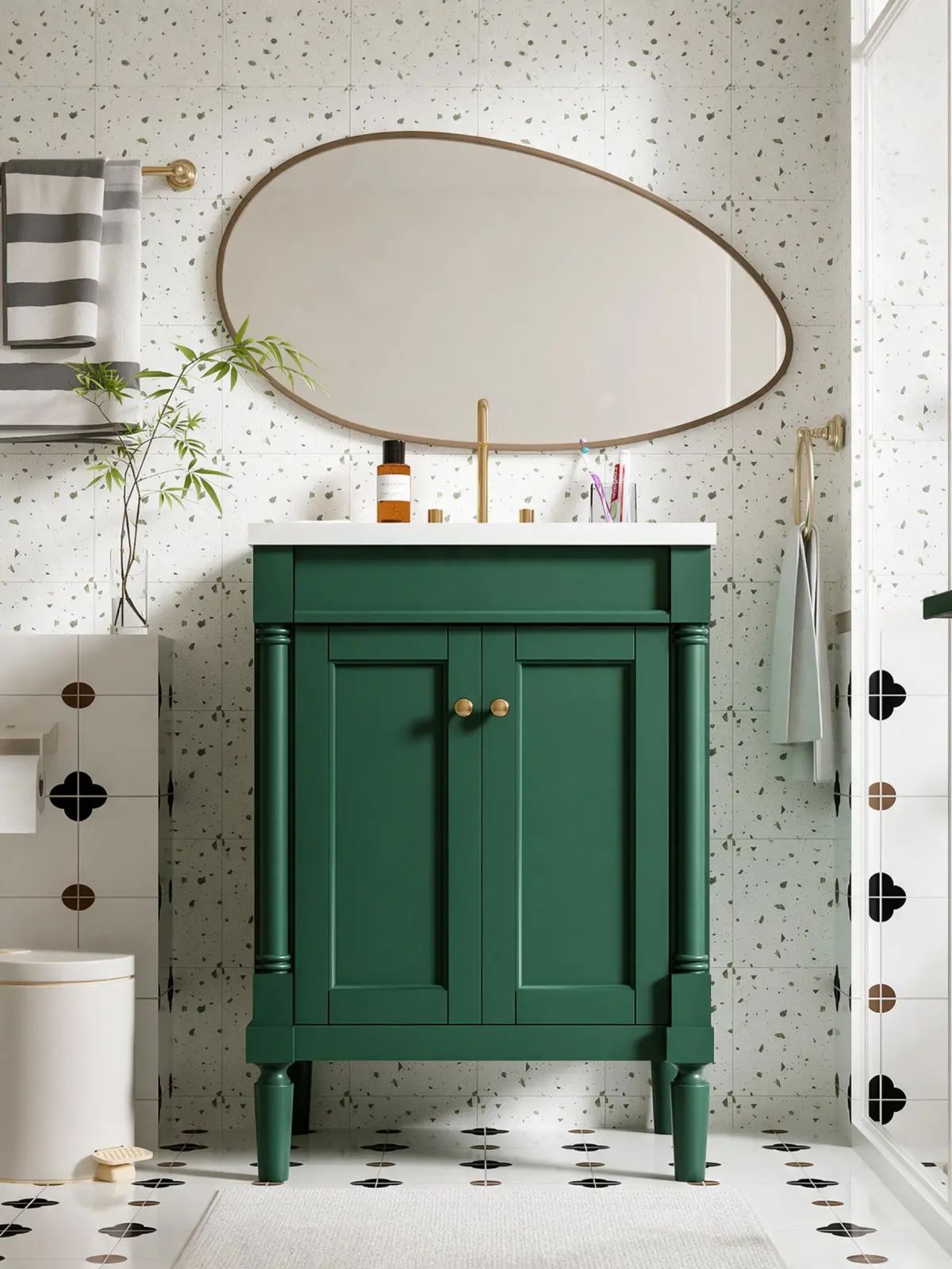 Compact white bathroom vanity with two-tier storage and a round black-framed mirror in a small bathroom