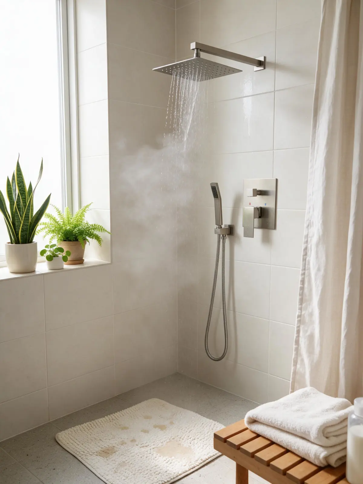 Wall-mounted rain shower head running in a bright bathroom with a cotton bath rug and printed shower curtain