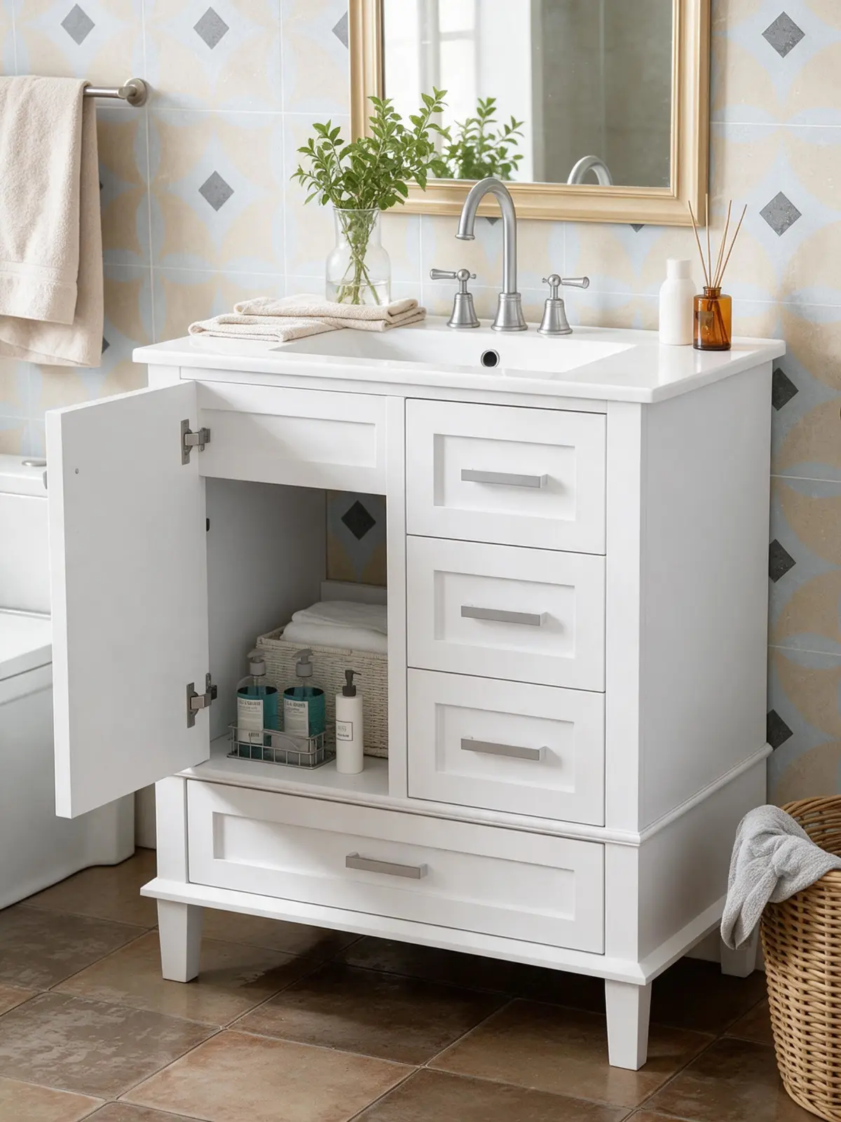 Thirty-inch white bathroom vanity with an integrated sink and matte black single-handle faucet