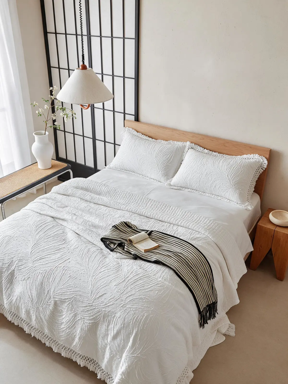 Layered neutral bedding set with a waffle duvet cover and grey quilted coverlet on a wood-framed bed