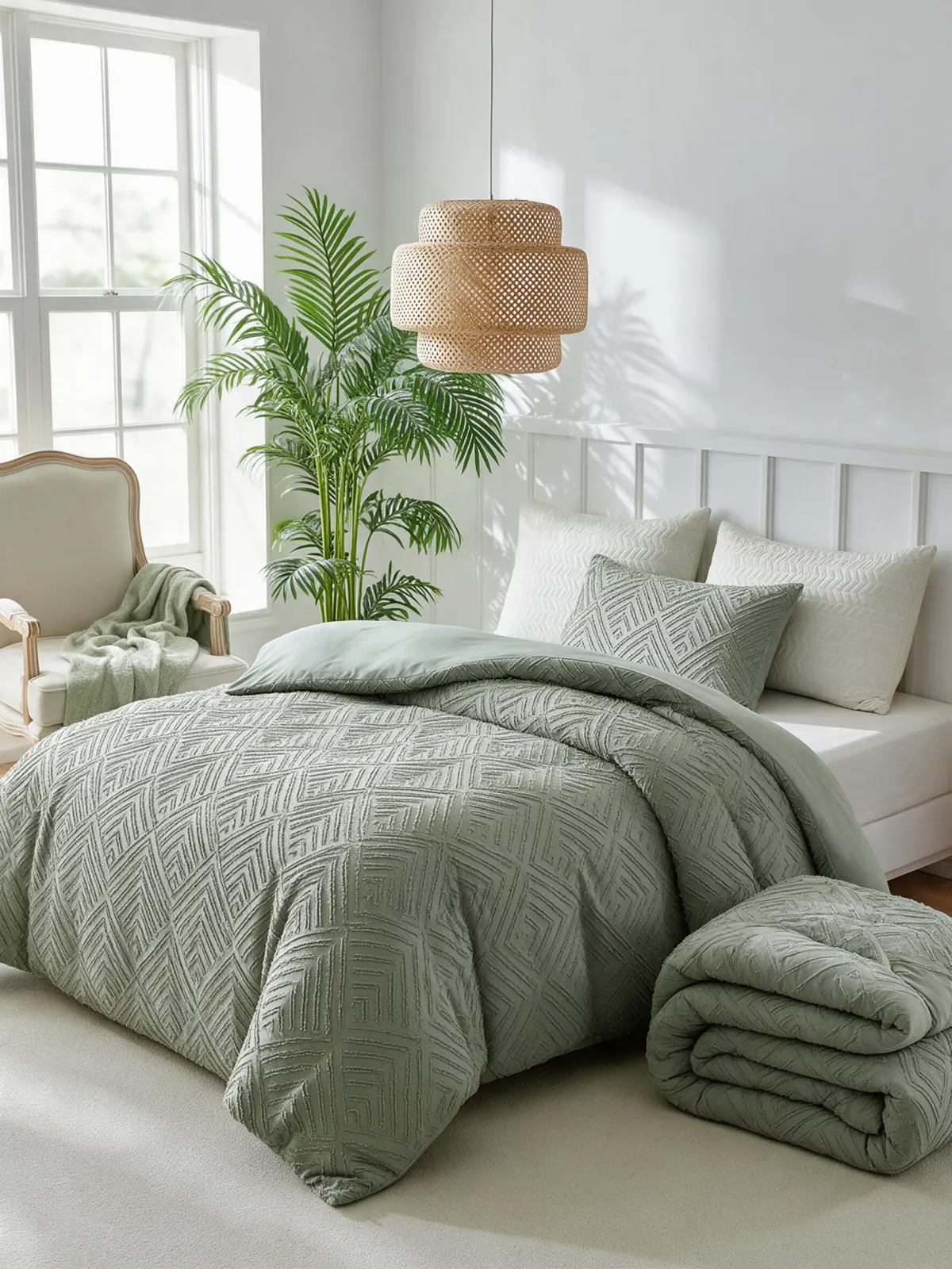 Minimalist striped duvet cover set styled on a bright bed with a folded insert beside it