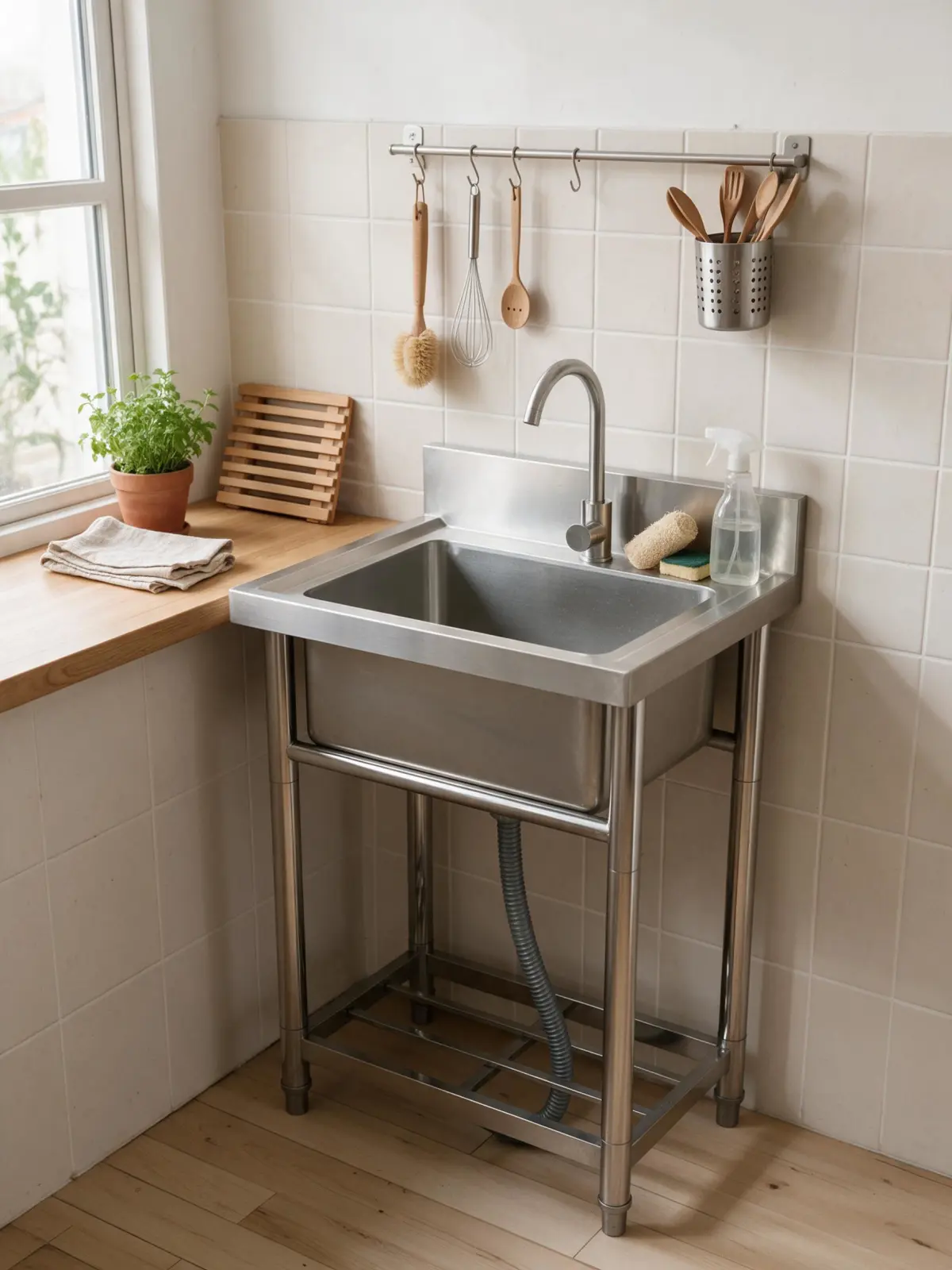 Compact kitchen corner with a stainless steel utility sink, wall-mounted rail and natural light from a side window