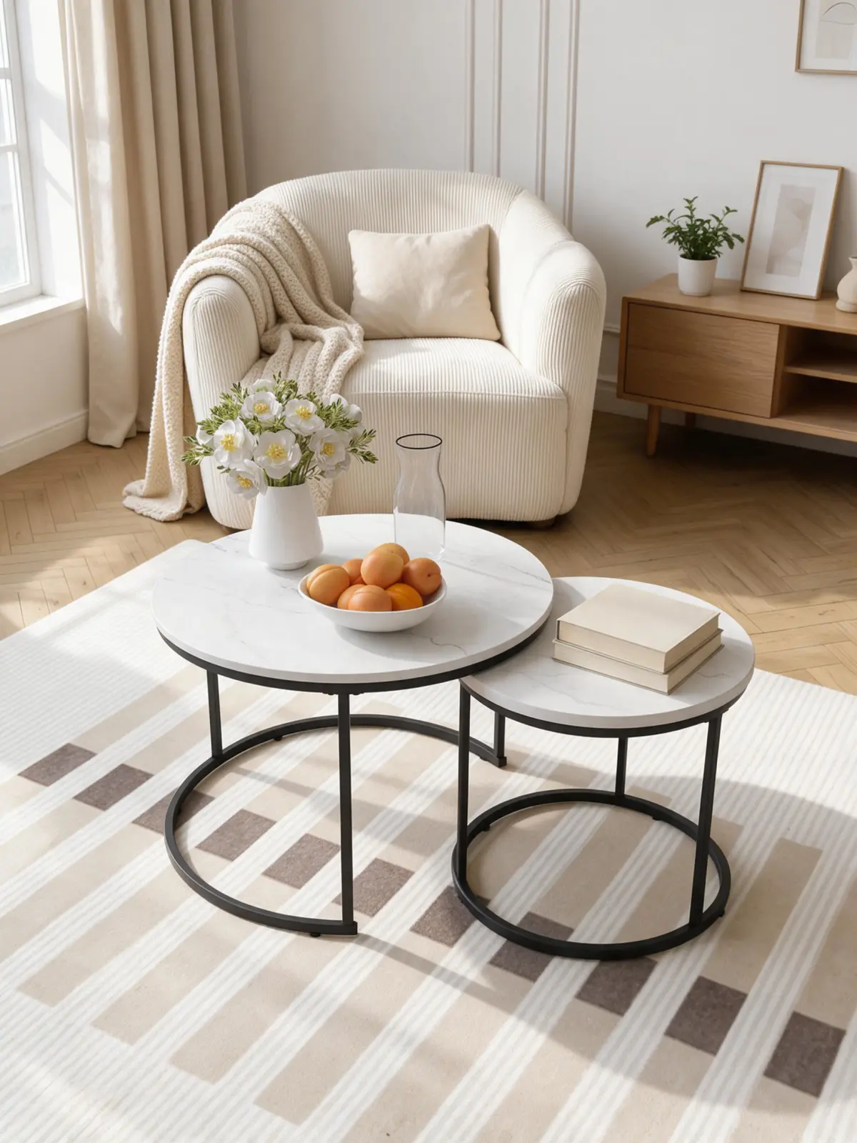 Nesting round coffee tables and a corduroy armchair in a compact, uncluttered living room