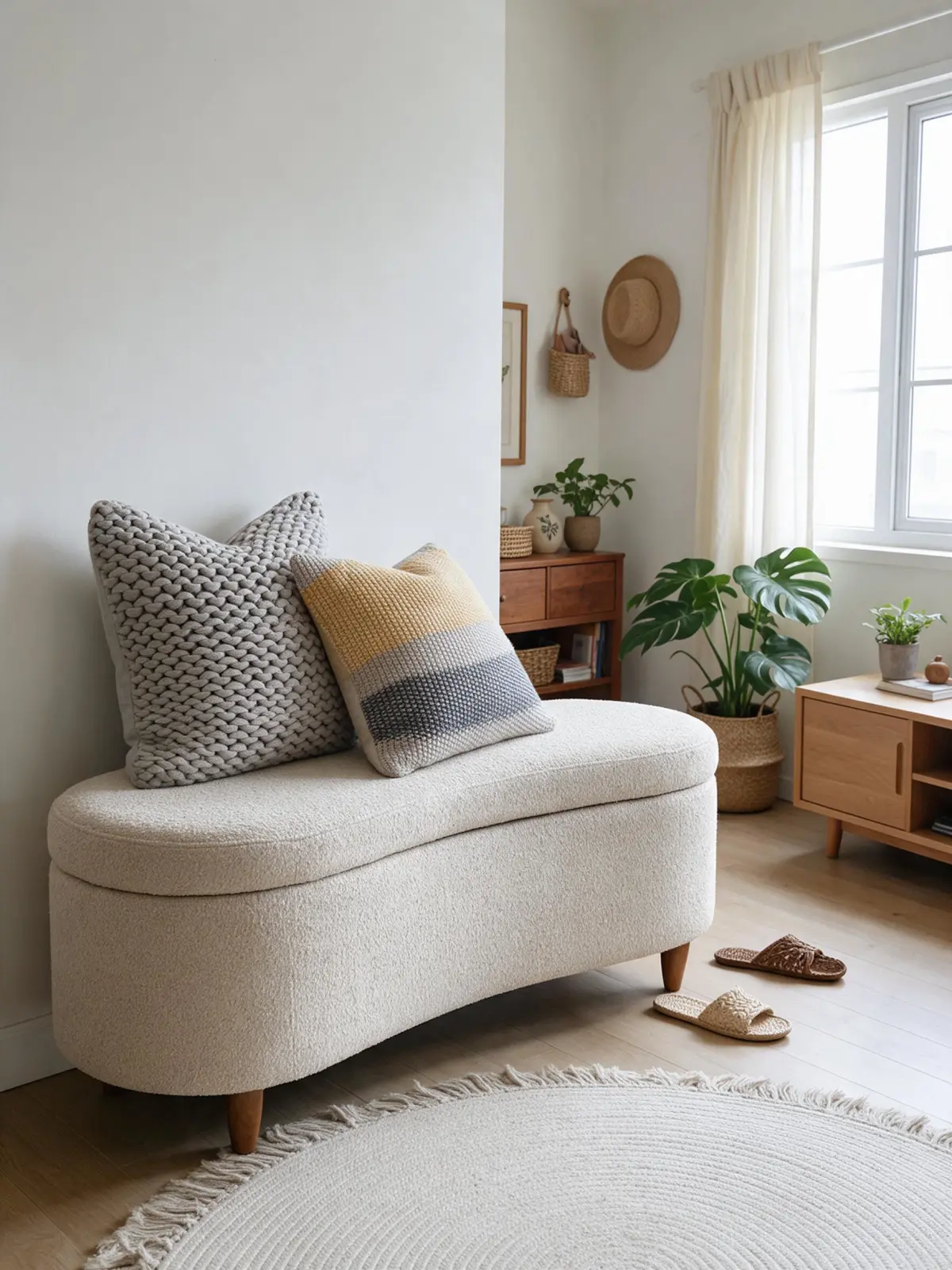 Boucle flip-top storage bench and a freestanding media console on reusable carpet tiles in a rental living room