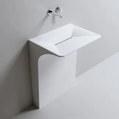 Modern Wall-Mounted Solid Surface Pedestal Sink, One-Piece Floating Bathroom Vessel Sink with Hidden Linear Drain, Wall Mount Faucet Compatible, White, for Small Bathroom & Powder Room/1110060
