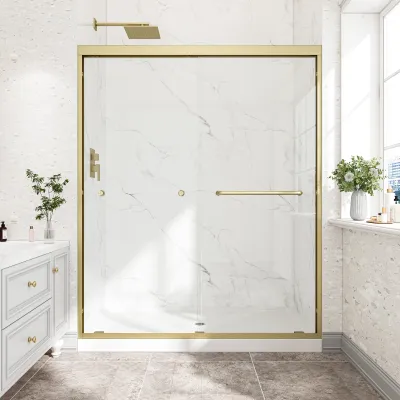 55"-60" W x 72" H Brushed Gold Reversible Installation Double Bypass Sliding Shower Door,Aluminium Alloy Frame,1/4"(6MM) Tempered Glass With Nano Explosion-proof Membrance,Easy Installation