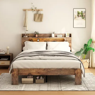 Bed Frame King Size, Wood Platform Bed Frame with Storage LED Light Headboard and 2 USB , Noise Free,No Box Spring Needed and Easy Assembly Tool,Large Under Bed Storage,Dark Brown