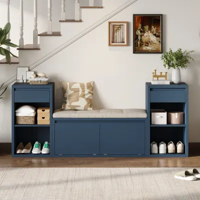 TREXM All-in-One Entryway Storage Bench with Cushion, Compartments, Drawers & Open Shelves, Storage Bench for Hallway, Mudroom, Living Room(Antique Navy)