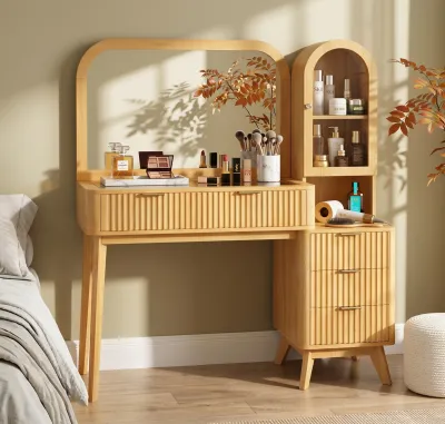 48" Fluted Makeup Vanity Desk with Large 32" Mirror, Modern Glass Top Big Vanity Table with 4 Drawers & Storage Cabinet, Dressing Table Set w/Charging Station for Bedroom, Natural
