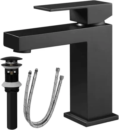 Single Handle Bathroom Faucet, Matte Black Single Hole Bathroom Faucet, Solid Brass Modern Bathroom Sink Faucet Basin Vanity Square Bathroom Faucet with Pop-up Drain & Water Supply Hoses