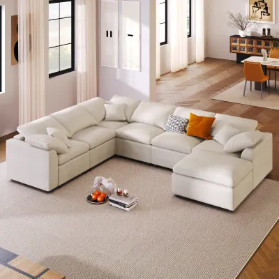 U_Style 120.8" Extra Large 7-Seater Modular Sectional Sofa with L-Shape Design & Movable Ottoman, Plush Chenille Fabric + Solid Pine Wood Frame for Living Room, Office, Spacious Space