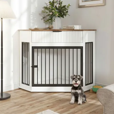 44.6'' Corner MDF Dog Crate Furniture for Small/Medium Dogs, Decorative Dog Kennel End Table with Fluted Drawer Storage, Modern Space-Saving Dog Cage Cabinet for Home Décor Indoor(White)