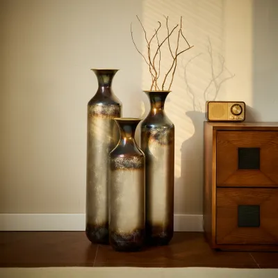 Hand-Forged Metal Vases Set of 3, Burnt Finish Rustic Floor Vases for Home Decor, 28.34 24.4 20.4 Inch Tall Flower Vases for Farmhouse Industrial Living Room