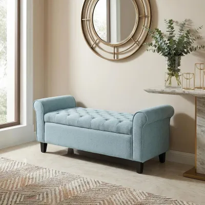 Light Blue Fabric Storage Bench with Rolled Arms, 38" Seat Width,  Black Legs, Button Fabric Design, Living Room Bedroom Entryway Furniture