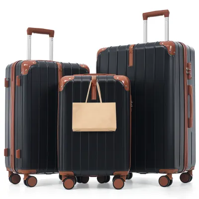 Premium ABS Travel Luggage Set , 3-Piece TSA Lock Suitcase Ensemble with 20, 24, and 28 Inch Sizes with 360° Spinner Wheels, black and brown