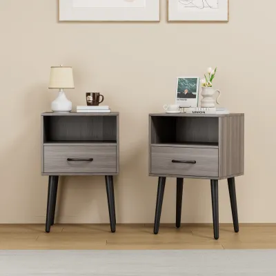 Two sets of Nightstand,modern style bedside table, With storage drawers and open wooden shelves, Suitable for living rooms, Bedrooms and small spaces. Decorative bedside tables in two sets, Easy to as