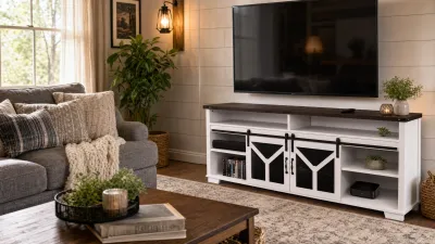 65.3" TV Stand with LED light strips and Iron mesh barn door Y decorative strip white + Black walnut color (top) farmhouse