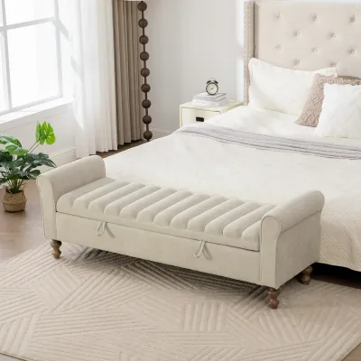 65.55" Wide Modern Upholstered  Storage Bench , Napped fabric Bed End Foot Stool With Rolled Armrest, Bench Daybed With Rubberwood Legs For Living Room, Entryway, Dormitory, Bedroom,Griege