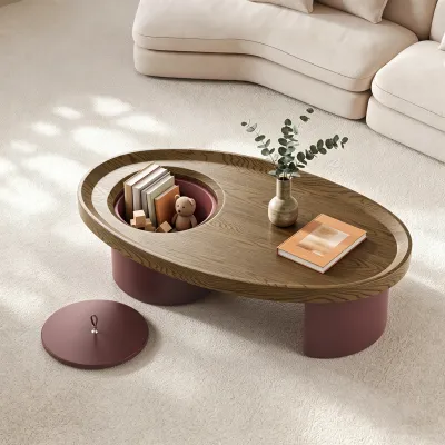45.3" Oval Wood Coffee Table with Storage, Walnut Top with Red Legs, Mid-Century Modern Living Room Center Table, Farmhouse Accent Furniture for Large Spaces, Easy Assembly