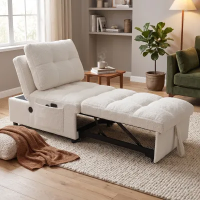 Single sofa bed without armrests, soft teddy fabric texture, skin-friendly, built-in USB charging port, side storage pocket, adjustable backrest, suitable for small apartment living rooms or studies