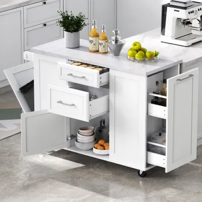 K&K 50.7" Kitchen Island with Storage Tilt Trash Can Cabinet and Pull Out Cabinet Organizer, Rolling Kitchen Island on 5 Wheels with Drop Leaf, 2 Drawers, 1Door for Kitchen, Dining Room, White