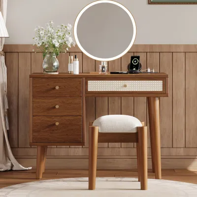 39" Retro Bohemian Style Wooden Makeup Vanity Set with Charging Plug&USB Port and Stool, Dressing Table with 3 Storage Drawers and 1 Rectangular Rattan Drawer, Walnut