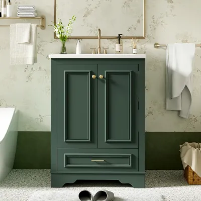 24'' Bathroom Vanity with Ceramic Sink Combo, Modern Freestanding Storage Cabinet  with Soft Closing Doors