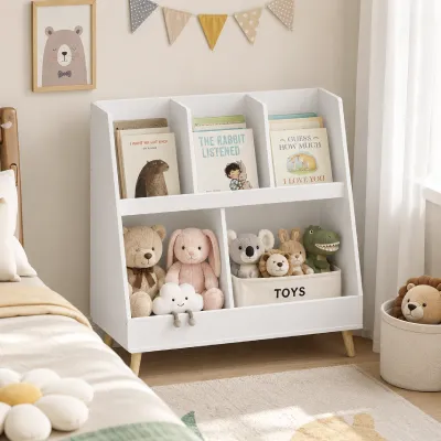 Kids Bookshelf and Toy Organizer, 5 Cubbies Wooden Open Bookcase, 2-Tier Baby Storage Display Organizer with Legs, Free Standing for Playing Room, Bedroom, Nursery, Classroom, White