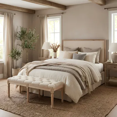 Bedroom Bench, French Vintage Tufted Entryway Bench, 47.2" Carving Upholstered End of Bed Bench with Distressed Wood Legs, Linen Ottoman Seat for Living Room, Foyer, Dining Room