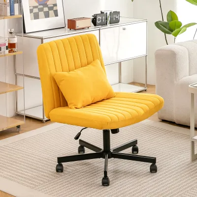 Yellow Linen Criss Cross Armless Office Chair with Wheels - Versatile for Home Office, Meditation & Makeup