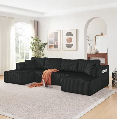 132" U Shaped Modular Sectional Sofa, Comfy Compressed Cloud Couch with Side Pockets, Modern Minimalist Corduroy Memory Foam Sleeper Sofa for Living Room, No Assembly Required,Black