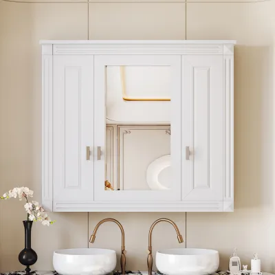 Bathroom Wall Cabinet with Mirror, Wall Mounted Medicine Cabinet with 5 Shelves, Mirrored Door Over Toilet Storage Cabinet, White