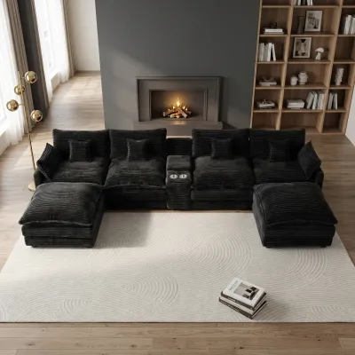 145" U Shaped Cloud Couch Sectional, Oversized Black Corduroy Cloud Couch, Large Comfy Fluffy Modular Sectional Sofa, 6 Seat Sectionals Sofa Set with Central Console USB Port
