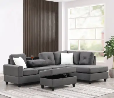 Modern Charcoal L-Shaped Sectional Sofa, Contemporary Upholstered Living Room Couch, Deep Comfortable Seating, Supportive Back Cushions, Sleek Minimalist Design. Ottoman not included
