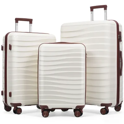 Premium PP Travel Luggage Set , 3-Piece TSA Lock Suitcase Ensemble with 20, 24, and 28 Inch Sizes with 360° Spinner Wheels, ivory and brown