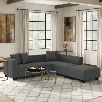Modular L shape Sectional Sofa with Ottoman & Throw Pillows in Charcoal with Black Plastic Legs