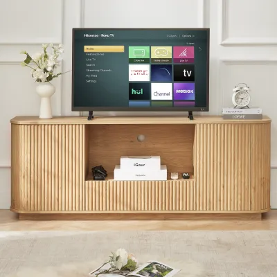 64-Inch Wavy TV Stand, Rounded Sideboard, Storage Cabinet, Wooden Vertical Stripe Cabinet for Living Room/Bedroom/Entryway. Natural,64''W x 15''D x 24''H.