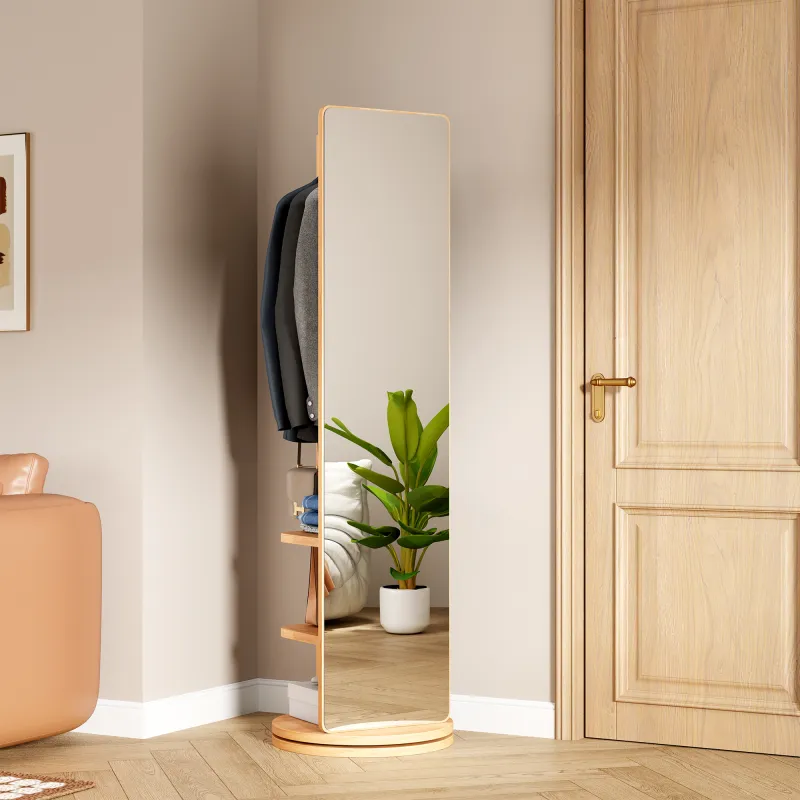 360° Rotating 66"x17.8" Multifunctional Full Length Mirror with Hook Storage Rack Coat Rack with Mirror Solid Wood Floor Mirror Bedroom Living Room Cloakroom Space Saving (natural wood)