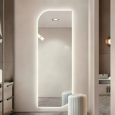 65" x 21" LED Full Length Wall Mirror, Irregular Shape Design, 3-Color Dimmable Lighting, 5mm Copper-Free Silver Glass, Hardwired or Plug-in, for Entryway, Bedroom & Salon