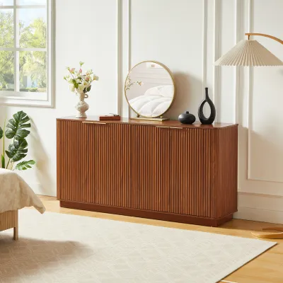 63" Vertical Stripe Buffet Cabinet Sideboard with stoarge, Curved wave Design, TV Stand, for Bedroom, Living Room, Hallway, Walnut,63''W x 15.75''D x 31.5''H.