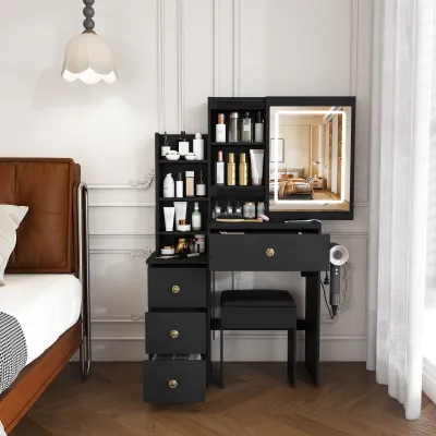 Modern Vanity Desk ,featuring 3 modes of LED lighting with adjustable brightness , with 4 drawers and multiple open storage shelves, with a hair dryer holder and power socket,  a dressing chair. Black