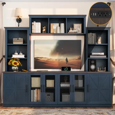 Wall Unit Entertainment Center with Charging Station and USB Charging for TVs,TV Stand with Large Storage Cabinet,Modern TV Stand Media Console with Cabinets,Blue