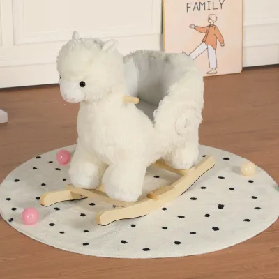 Kids Ride-On Rocking Horse Toy with Jingle Bells.Alpaca Rocking Toy with Hand Puppets and Safety Belt For Children 1-3 Years,Soft Plush Fabric,White,CPC Certified