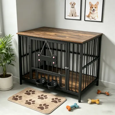 Vintage wood grain dog cage edge,360 degree rotating bowl with safety grade soft silicone material