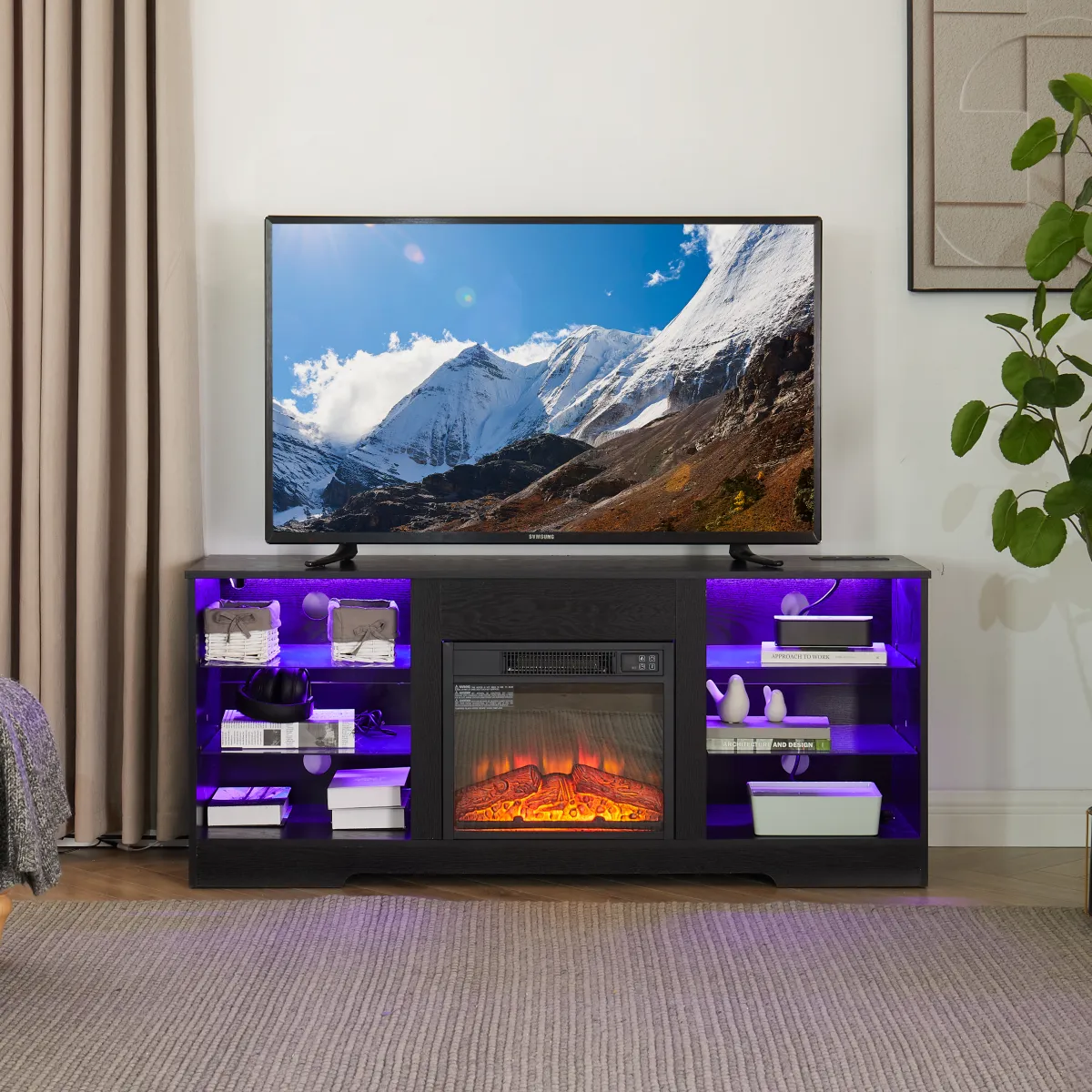 TV Stand Electric Fireplace TV Stand with Glass Shelves, 3D Fireplace TV Stand with LED Lights Wood with USB Charging Outlet Modern Television Table Center for TV up to 32-62" Black 58''W*15.4''D*24.6