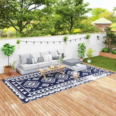 Outsunny Outdoor Patio Rug, Large Camping Carpet with Carrying Bag, 9' x 18' Waterproof Plastic Straw, Reversible, Blue & White Rhombus Patchwork
