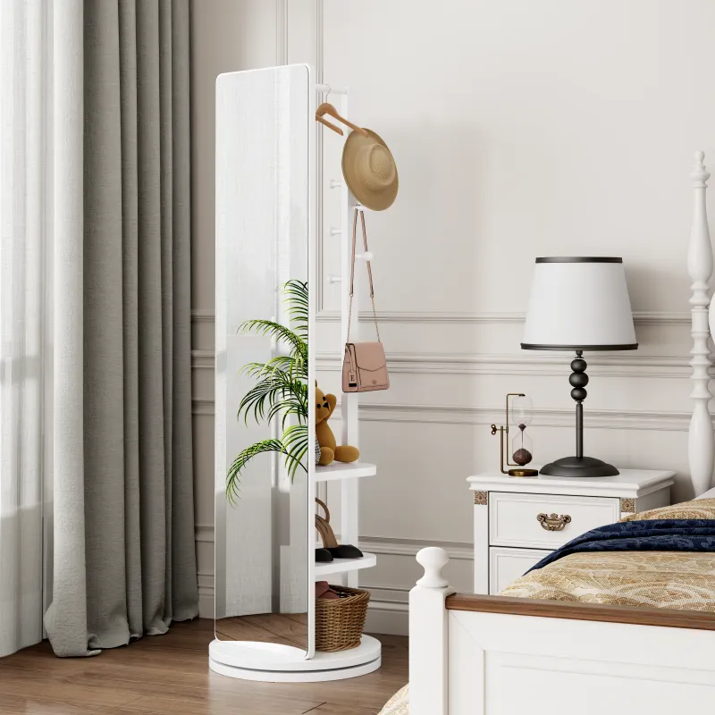 360° Rotating 69"x20" Multifunctional Full Length Mirror with Hook Storage Rack Coat Rack with Mirror Solid Wood Floor Mirror Bedroom Living Room Cloakroom Space Saving (white)