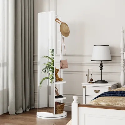 360° Rotating 69"x20" Multifunctional Full Length Mirror with Hook Storage Rack Coat Rack with Mirror Solid Wood Floor Mirror Bedroom Living Room Cloakroom Space Saving (white)