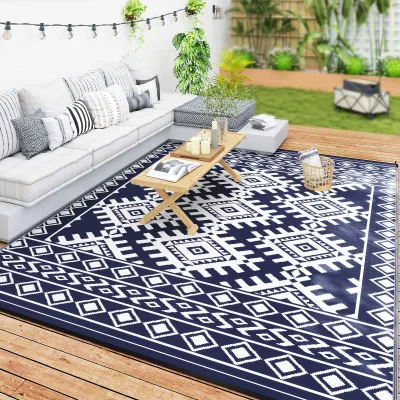 Outsunny Outdoor Patio Rug, Large Camping Carpet with Carrying Bag, 9' x 12' Waterproof Plastic Straw, Reversible, Blue & White Rhombus Border