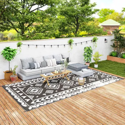 Outsunny Outdoor Patio Rug, Large Camping Carpet with Carrying Bag, 9' x 18' Waterproof Plastic Straw, Reversible, Black & White Rhombus Patchwork